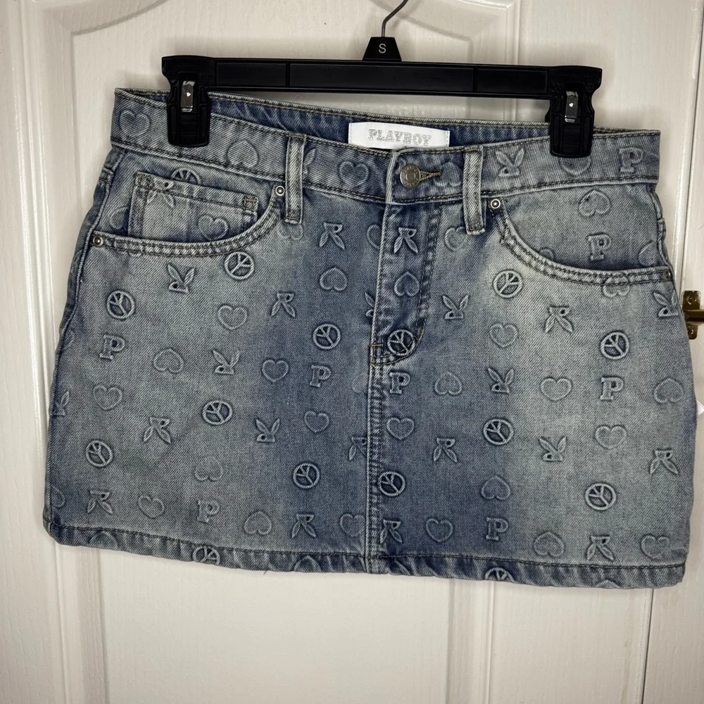 PLAYBOY Bunny Embossed Denim Mini Skirt